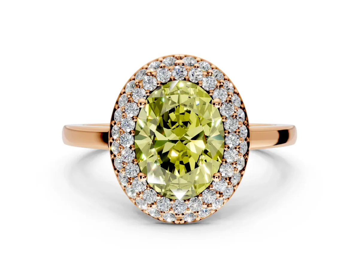 Halo Engagement Ring Setting for Fancy Yellow Oval Center with Plain Tapered Band and Prong Head in Rose Gold