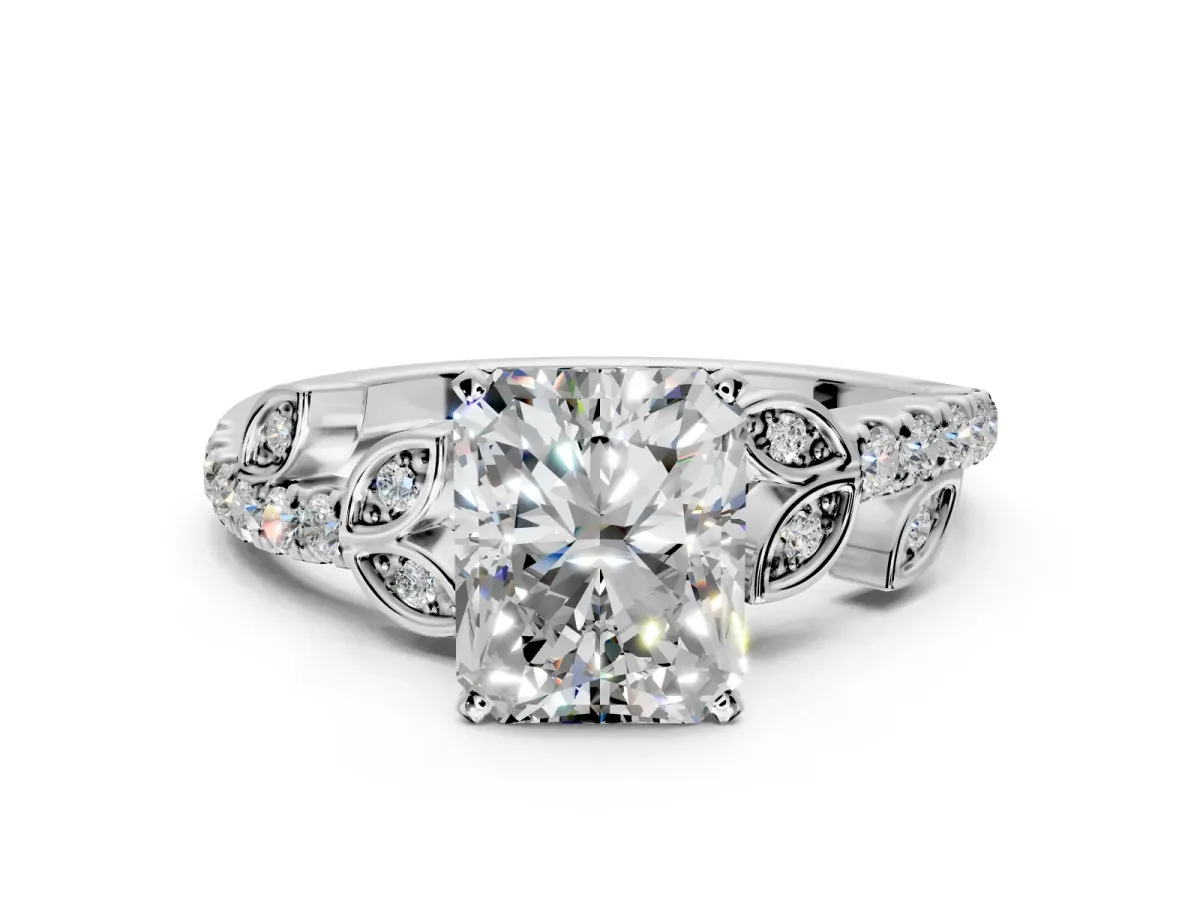Leaf Motif Engagement Ring Setting for Radiant Cut Center with Pave Band and Prong Head in Sterling Silver