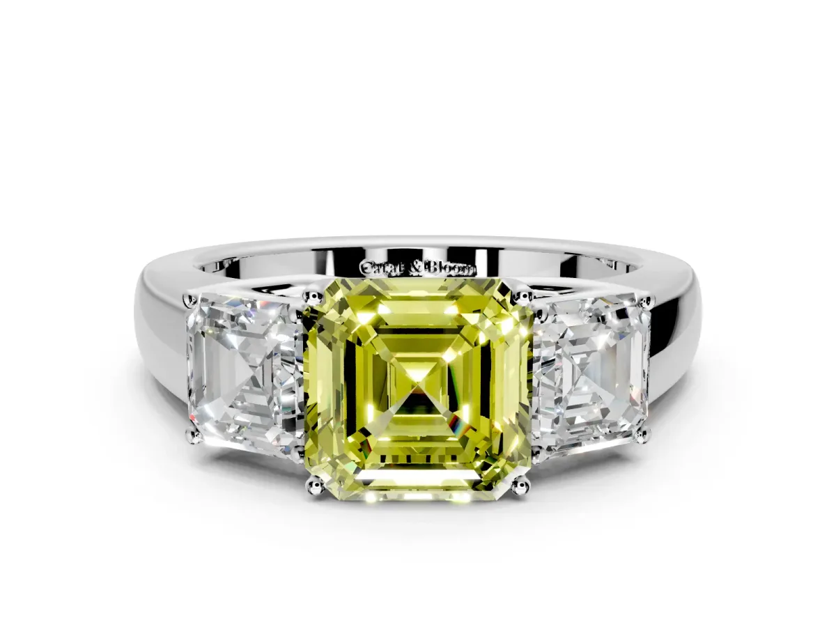 3 Stone Engagement Ring Setting for Fancy Yellow Asscher Cut Center with Raised Basket Heads and Prong Head in Sterling Silver