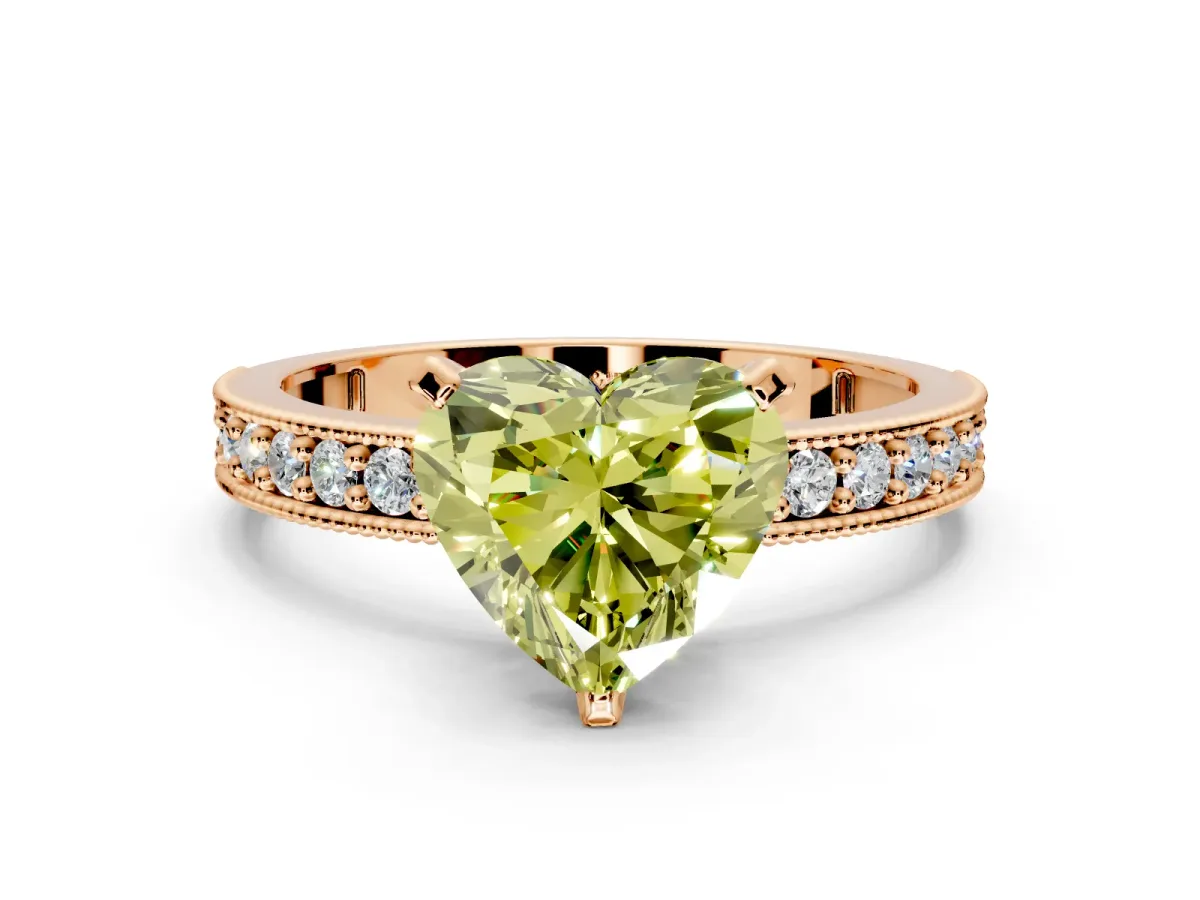 Milgrain Pave Engagement Ring Setting for Fancy Yellow Heart-Shaped Center with Accent Band and Prong Head in Rose Gold