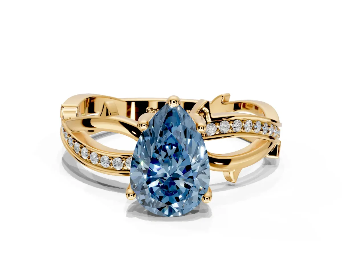 Solitaire Engagement Ring Setting for Fancy Blue Pear-Shaped Center with Pave and Plain Crossover Band and Prong Head in Yellow Gold