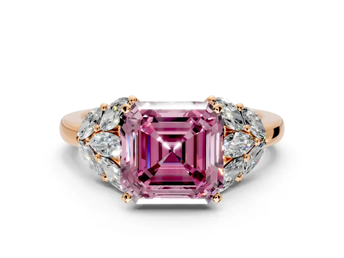 Leaf Cluster Engagement Ring Setting for Fancy Pink Asscher Cut Center with Marquise Accents and Prong Head in Rose Gold