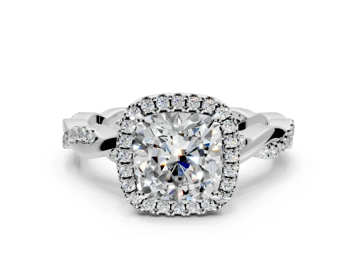 Halo Engagement Ring Setting for Cushion Cut Center with Pave and Plain Twist Band and Prong Head in Platinum