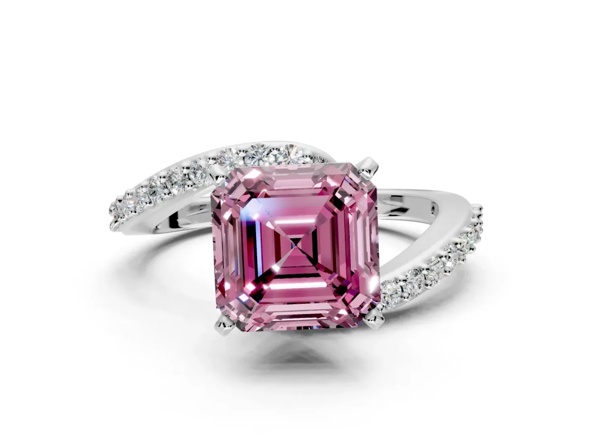 Solitaire Engagement Ring Setting for Fancy Pink Asscher Cut Center with Pave Bypass Swirl Band and Prong Head in Platinum