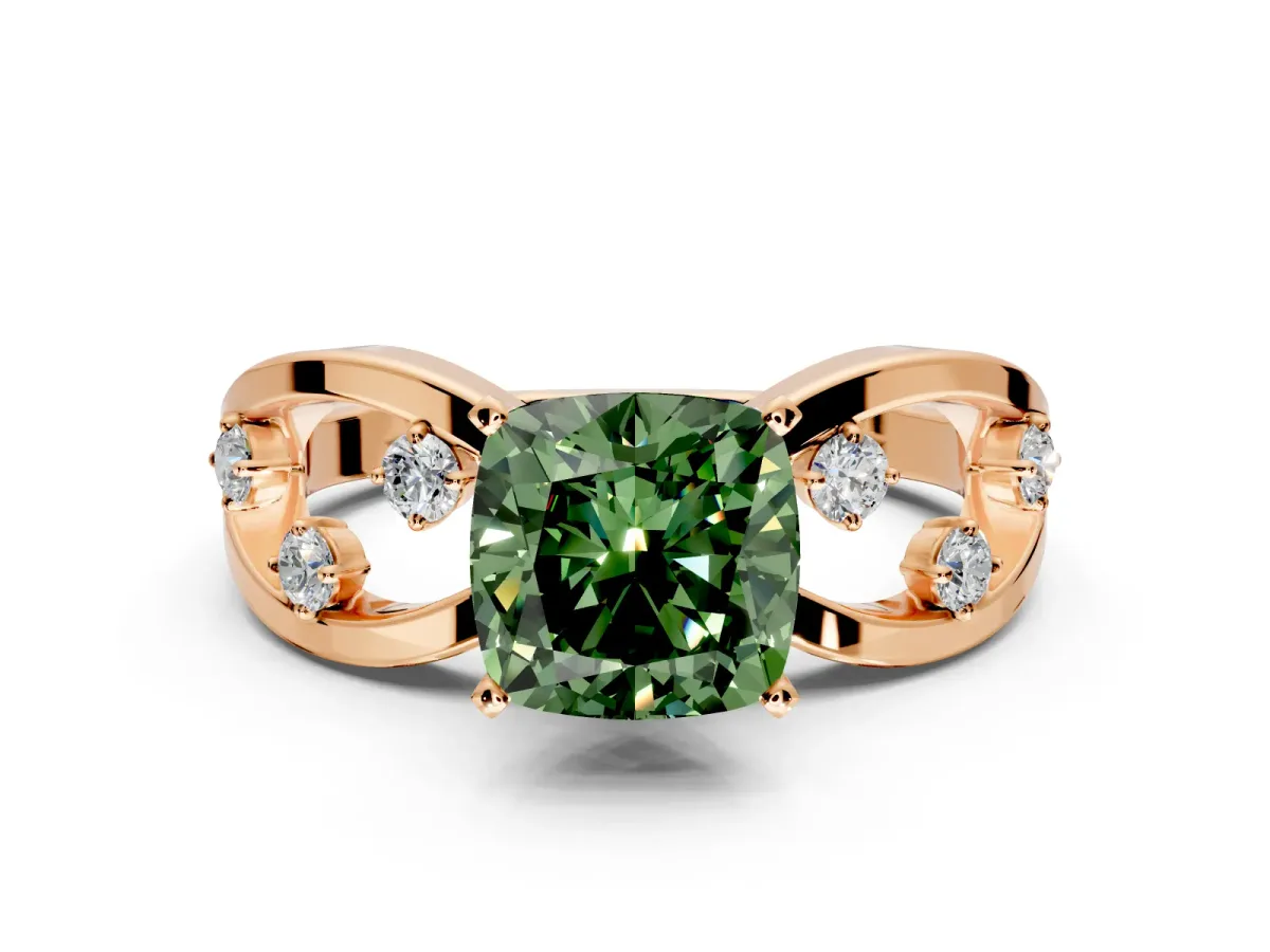 Solitaire Engagement Ring Setting for Fancy Green Cushion Cut Center with Criss-Cross Accent Band and Prong Head in Rose Gold