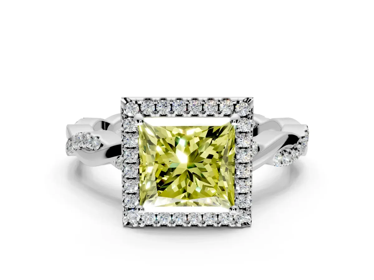 Halo Engagement Ring Setting for Fancy Yellow Princess Cut Center with Pave and Plain Twist Band and Prong Head in White Gold
