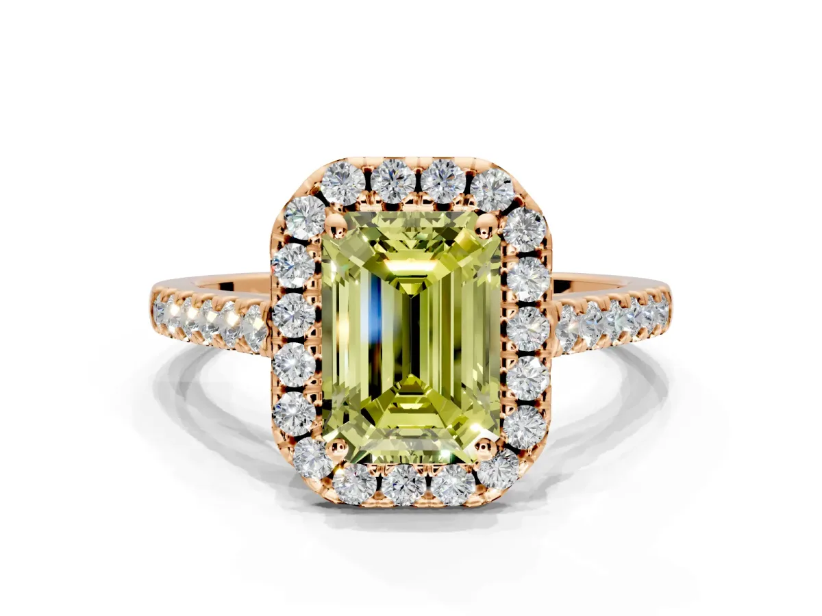 Halo Engagement Ring Setting for Fancy Yellow Emerald Cut Center with Narrowing Pave Band and Prong Head in Rose Gold
