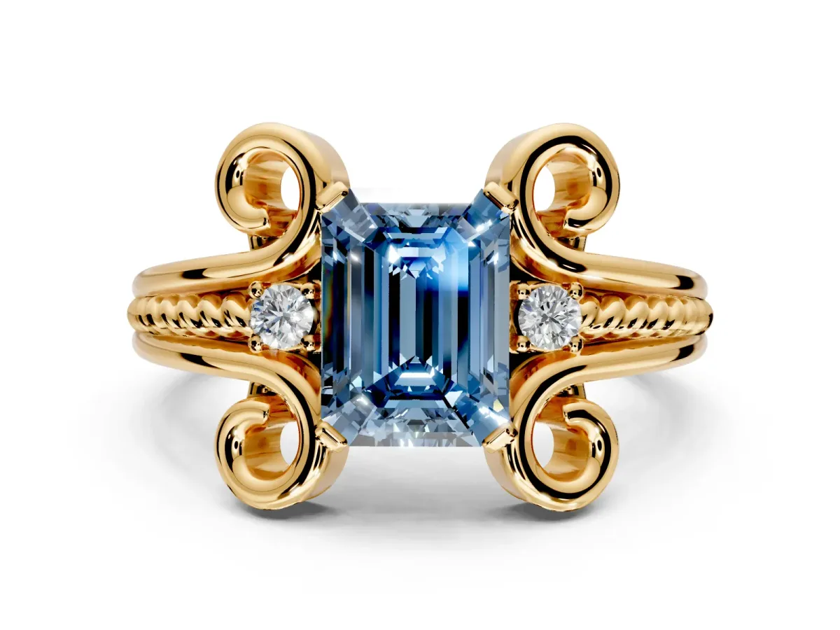 Solitaire Engagement Ring Setting for Fancy Blue Emerald Cut Center with Twisted Band and Scroll Prong Head in Yellow Gold