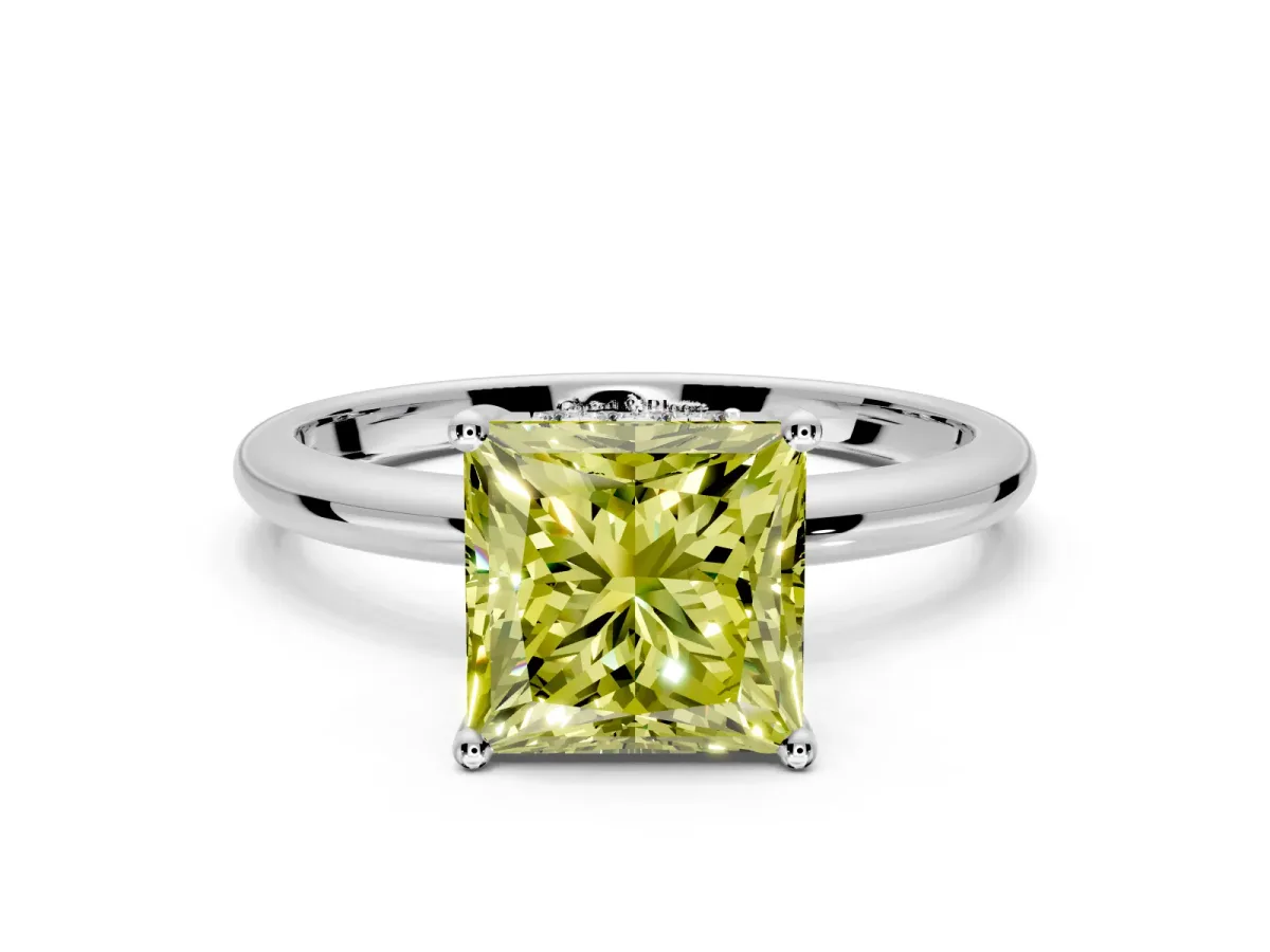 Hidden Halo Engagement Ring Setting for Fancy Yellow Princess Cut Center with Thin Round-Wire Band and Prong Head in White Gold