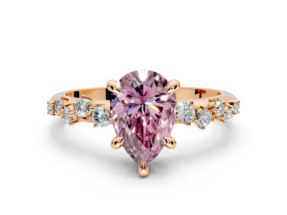 Solitaire Engagement Ring Setting for Fancy Pink Pear-Shaped Center with Trailing Leaf Accent Band and Prong Head in Rose Gold