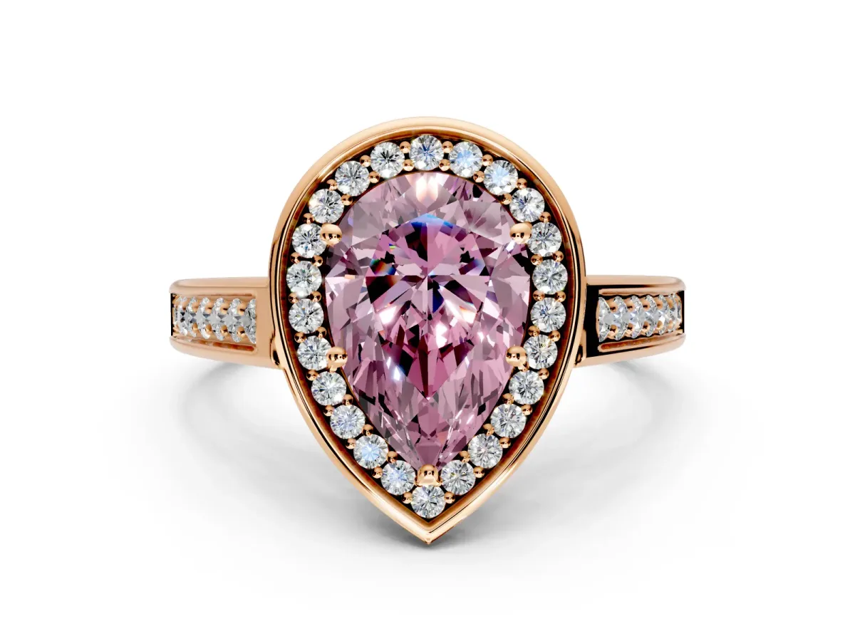 Halo Engagement Ring Setting for Fancy Pink Pear-Shaped Center with Outer Bezel Rim, Pave Band and Prong Head in Rose Gold