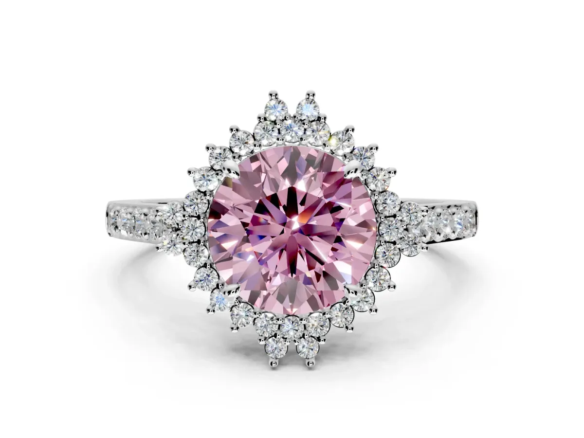 Sunburst Halo Engagement Ring Setting for Fancy Pink Round Cut Center with Pave Band and Prong Head in White Gold
