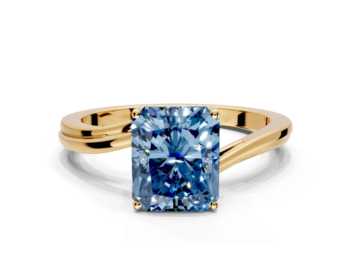 Solitaire Engagement Ring Setting for Fancy Blue Radiant Cut Center with Plain Bypass Twist Band and Prong Head in Yellow Gold