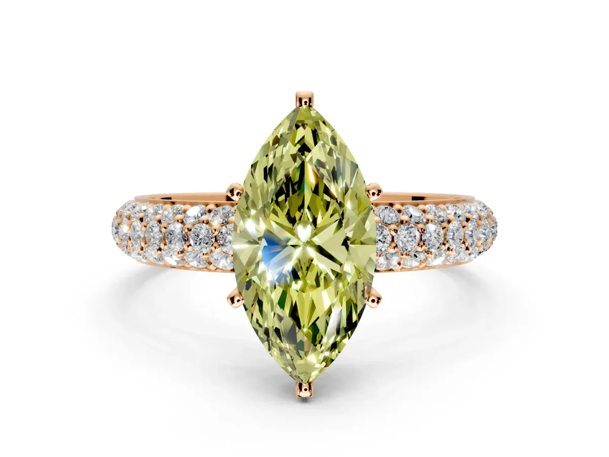 Solitaire Engagement Ring Setting for Fancy Yellow Marquise Center with Domed Multi-Row Pave Band and Prong Head in Rose Gold