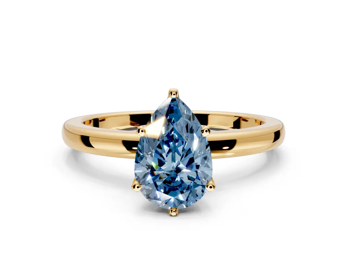 Solitaire Engagement Ring Setting for Fancy Blue Pear-Shaped Center with Plain Band and Tulip Prong Head in Yellow Gold