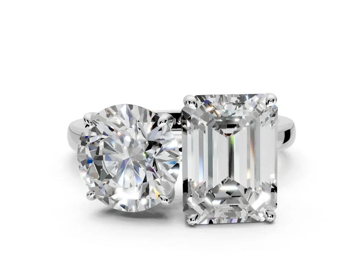 Round Cut and Emerald Cut Lab-Grown Diamond Toi et Moi Engagement Ring with Prong-Set Stones in Sterling Silver