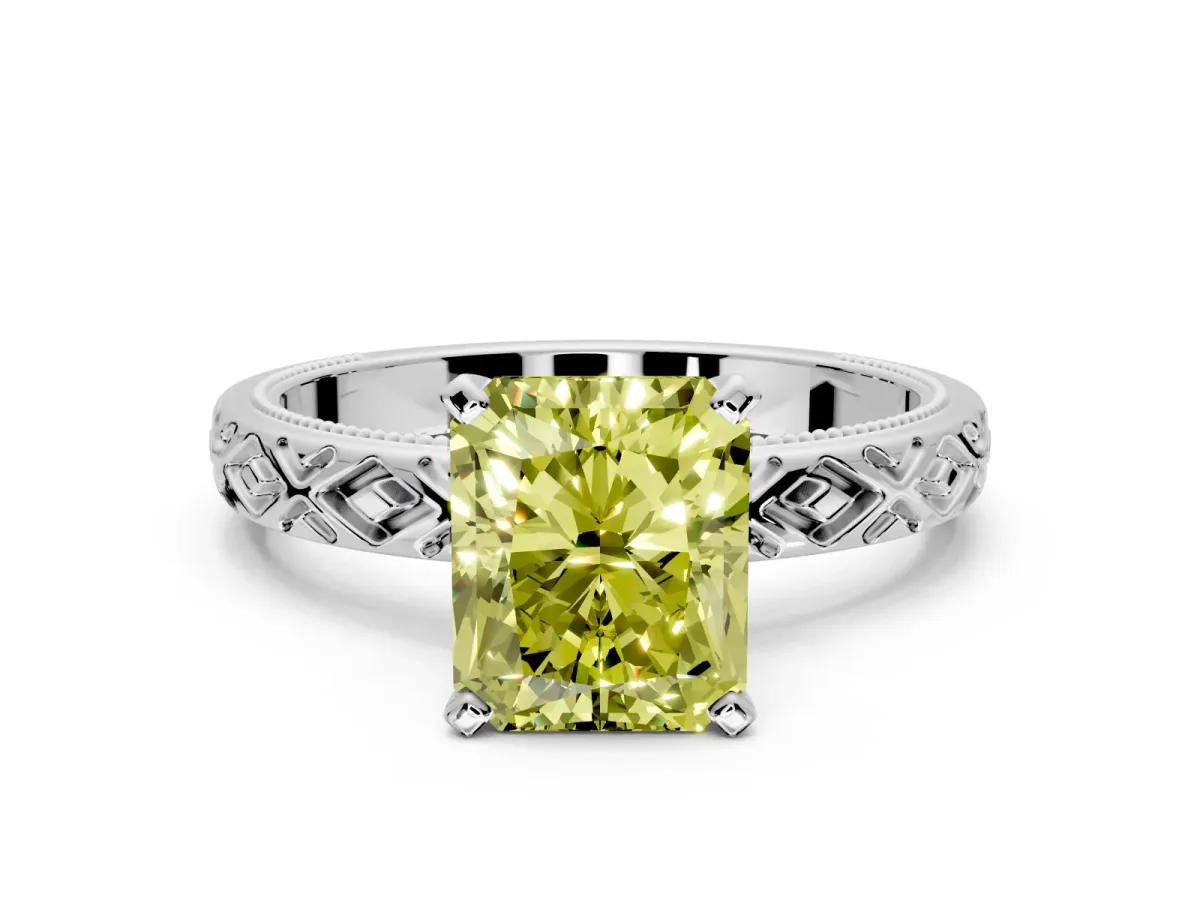 Solitaire Engagement Ring Setting for Fancy Yellow Radiant Cut Center with Milgrain X Pattern Band and Prong Head in Sterling Silver