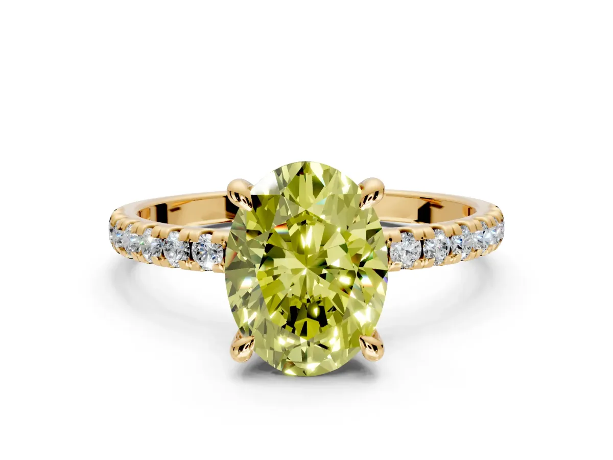 Solitaire Engagement Ring Setting for Fancy Yellow Oval Center with Fine Pave Narrow Band and Prong Head in Yellow Gold