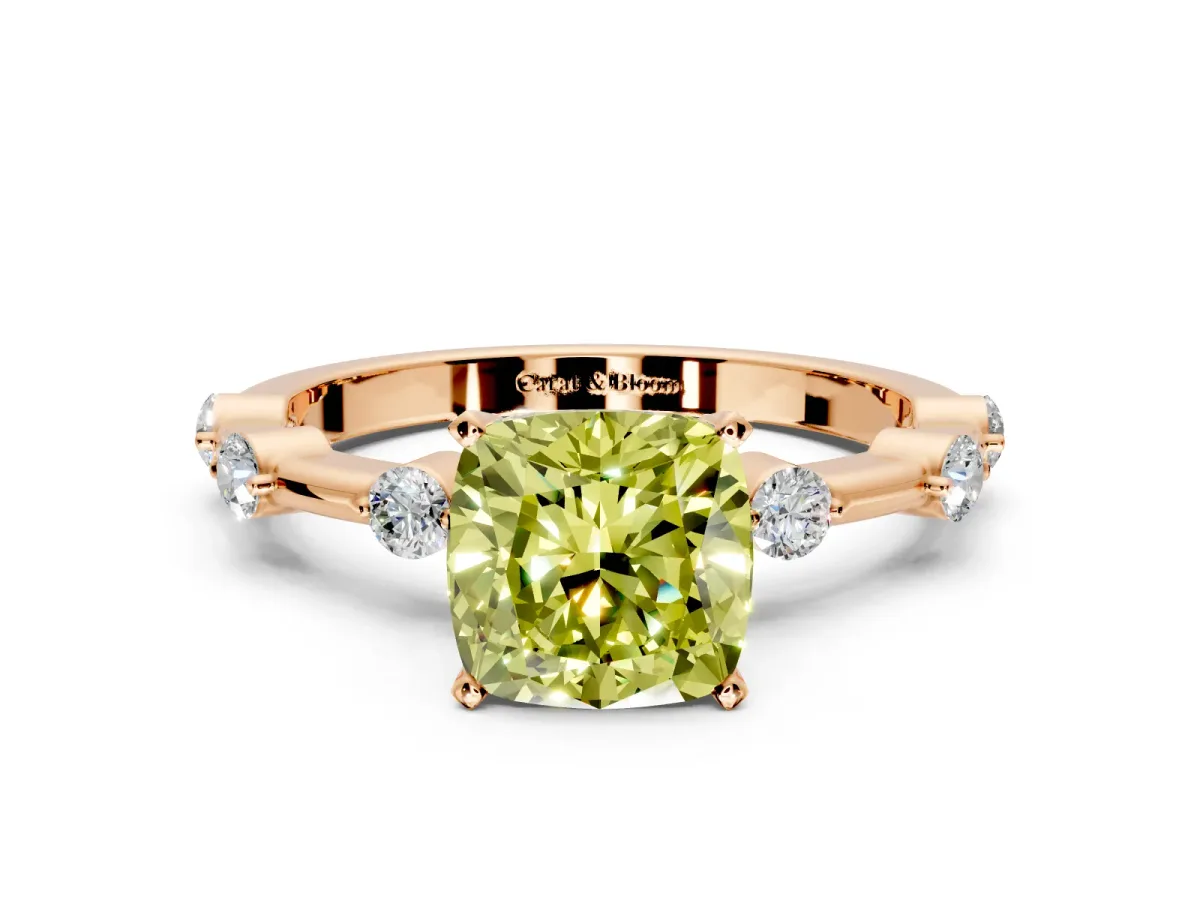 Solitaire Engagement Ring Setting for Fancy Yellow Cushion Cut Center with Bezel Station Band and Prong Head in Rose Gold