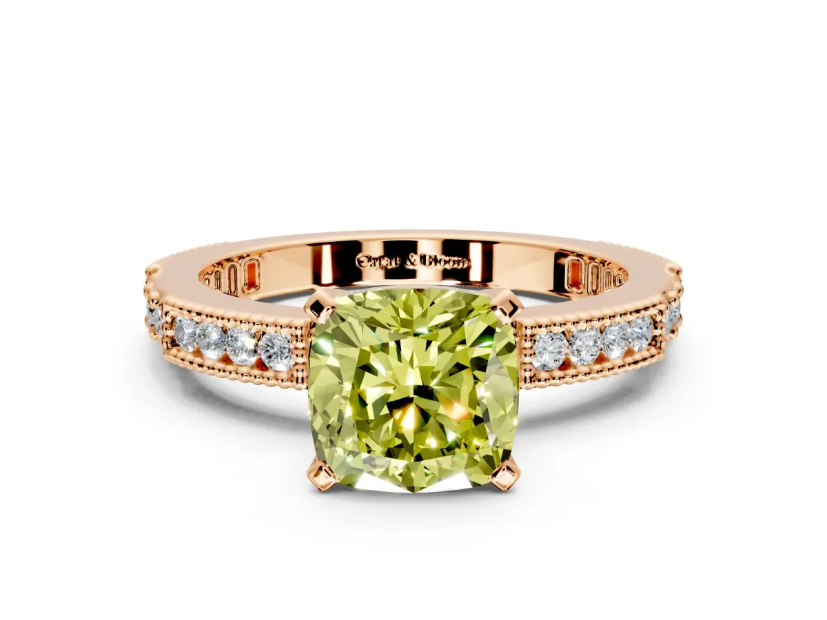 Solitaire Engagement Ring Setting for Fancy Yellow Cushion Cut Center with Milgrain-Edged Pave Band and Prong Head in Rose Gold