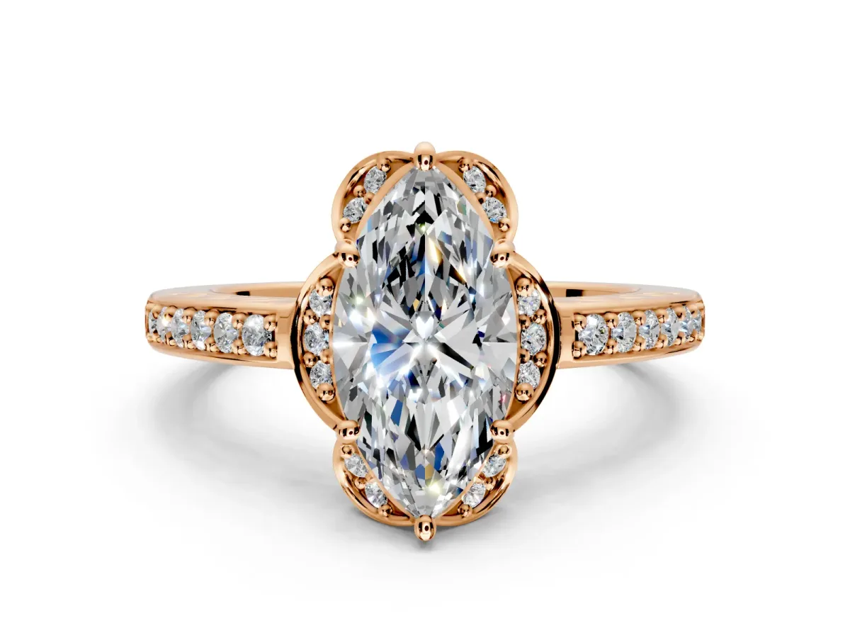 Floral Engagement Ring Setting for Marquise Center with Four Accent Clusters and Prong Head in Rose Gold