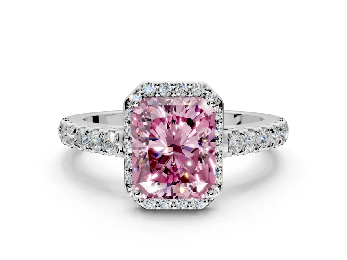 Halo Engagement Ring Setting for Fancy Pink Radiant Cut Center with Full Pave Band and Prong Head in Sterling Silver