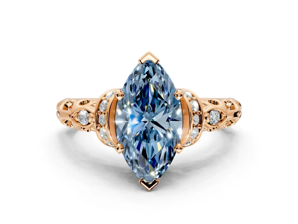 Solitaire Engagement Ring Setting for Fancy Blue Marquise Center with Filigree Band and Prong Head in Rose Gold