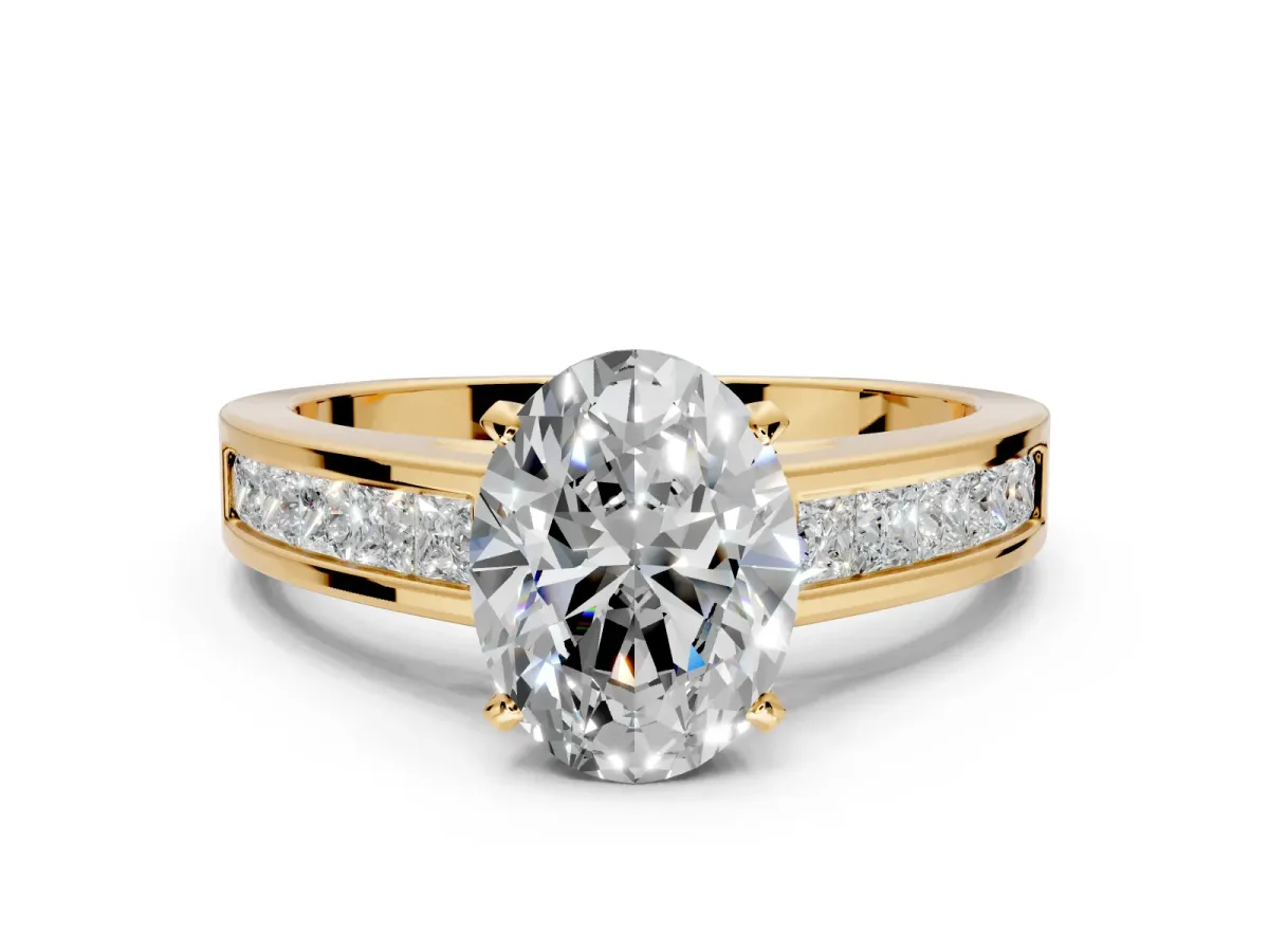 Solitaire Engagement Ring Setting for Oval Center with Princess Cut Channel Band and Prong Head in Yellow Gold
