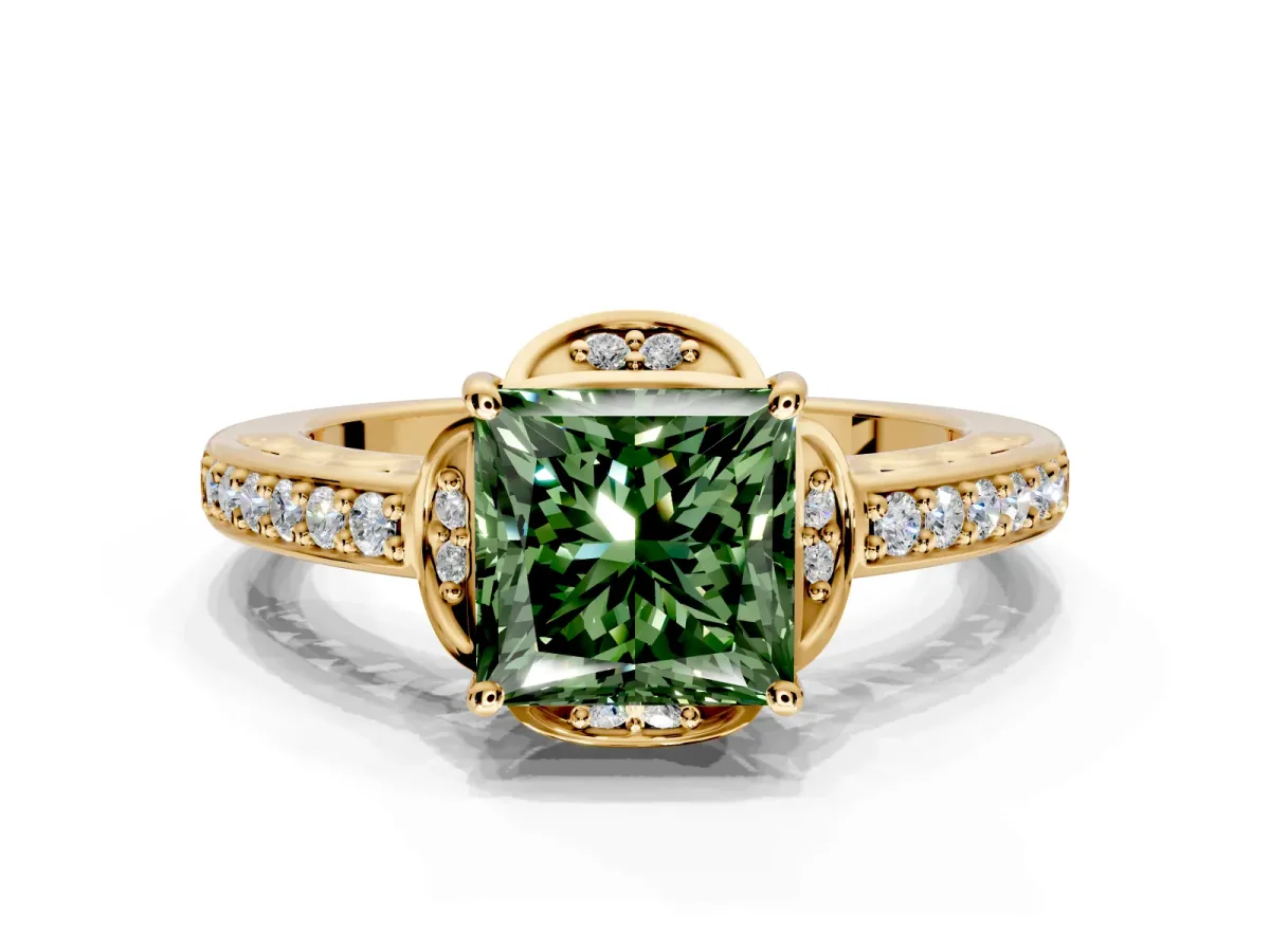 Floral Engagement Ring Setting for Fancy Green Princess Cut Center with Four Accent Clusters and Prong Head in Yellow Gold