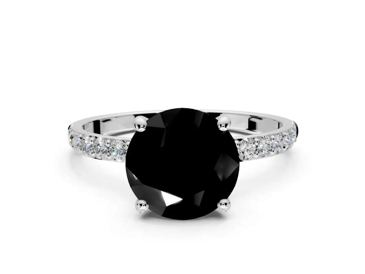 Solitaire Engagement Ring Setting for Fancy Black Round Cut Center with Pave Accents and Prong Head in Sterling Silver