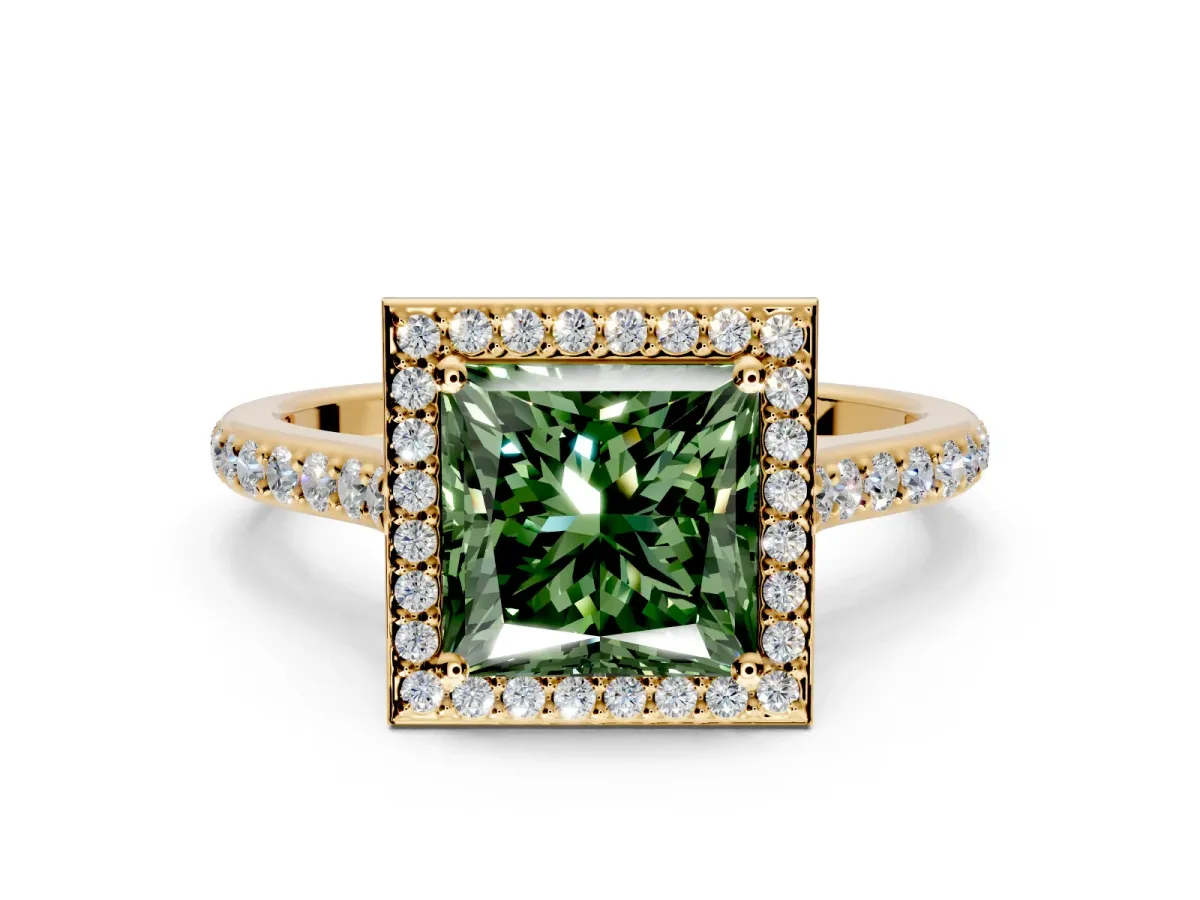Halo Engagement Ring Setting for Fancy Green Princess Cut Center with Pave Accents, Heart Basket and Prong Head in Yellow Gold
