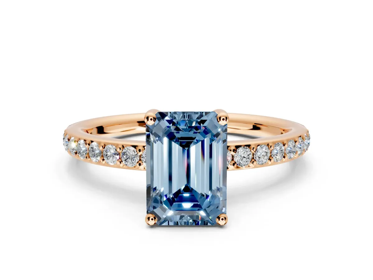 Solitaire Engagement Ring Setting for Fancy Blue Emerald Cut Center with Fine Pave Band and Prong Head in Rose Gold