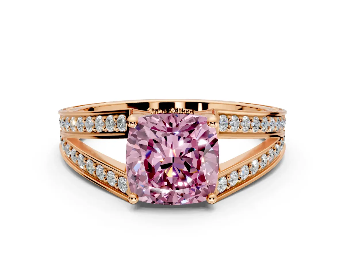 Split Shank Engagement Ring Setting for Fancy Pink Cushion Cut Center with Pave Split Shank and Prong Head in Rose Gold