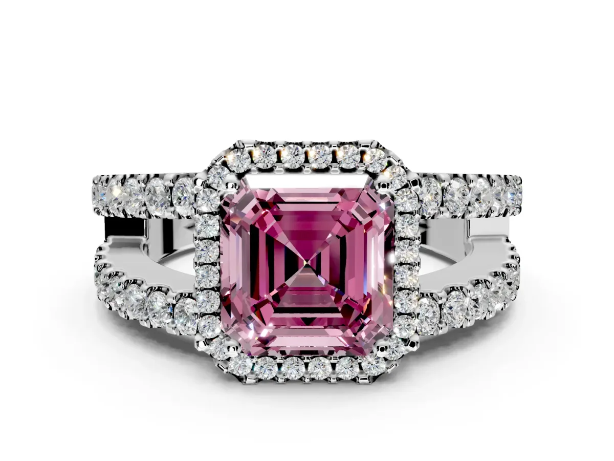 Halo Engagement Ring Setting for Fancy Pink Asscher Cut Center with Wide-Open Pave Split Shank and Prong Head in Platinum