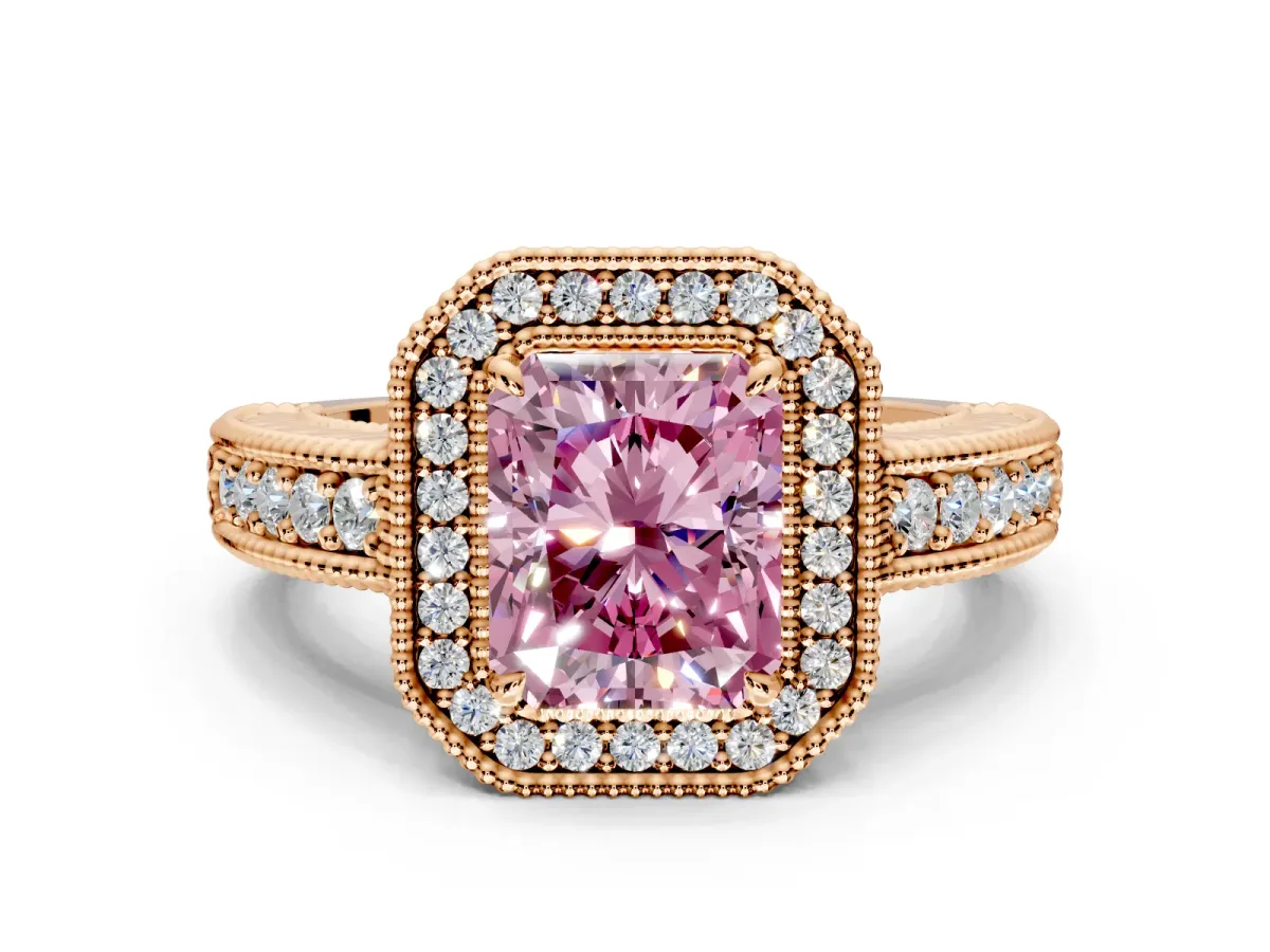 Milgrain Halo Engagement Ring Setting for Fancy Pink Radiant Cut Center with Pave Band and Prong Head in Rose Gold