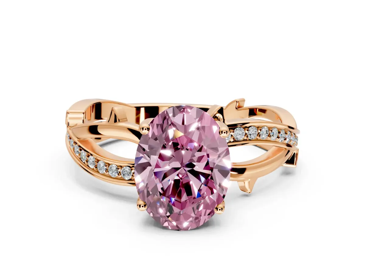 Solitaire Engagement Ring Setting for Fancy Pink Oval Center with Pave and Plain Crossover Band and Prong Head in Rose Gold
