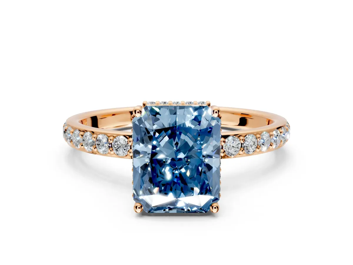 Hidden Halo Engagement Ring Setting for Fancy Blue Radiant Cut Center with Pave Band and Prong Head in Rose Gold