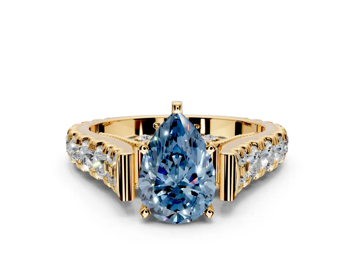 Solitaire Engagement Ring Setting for Fancy Blue Pear-Shaped Center with Pave Cathedral Shoulders and Prong Head in Yellow Gold
