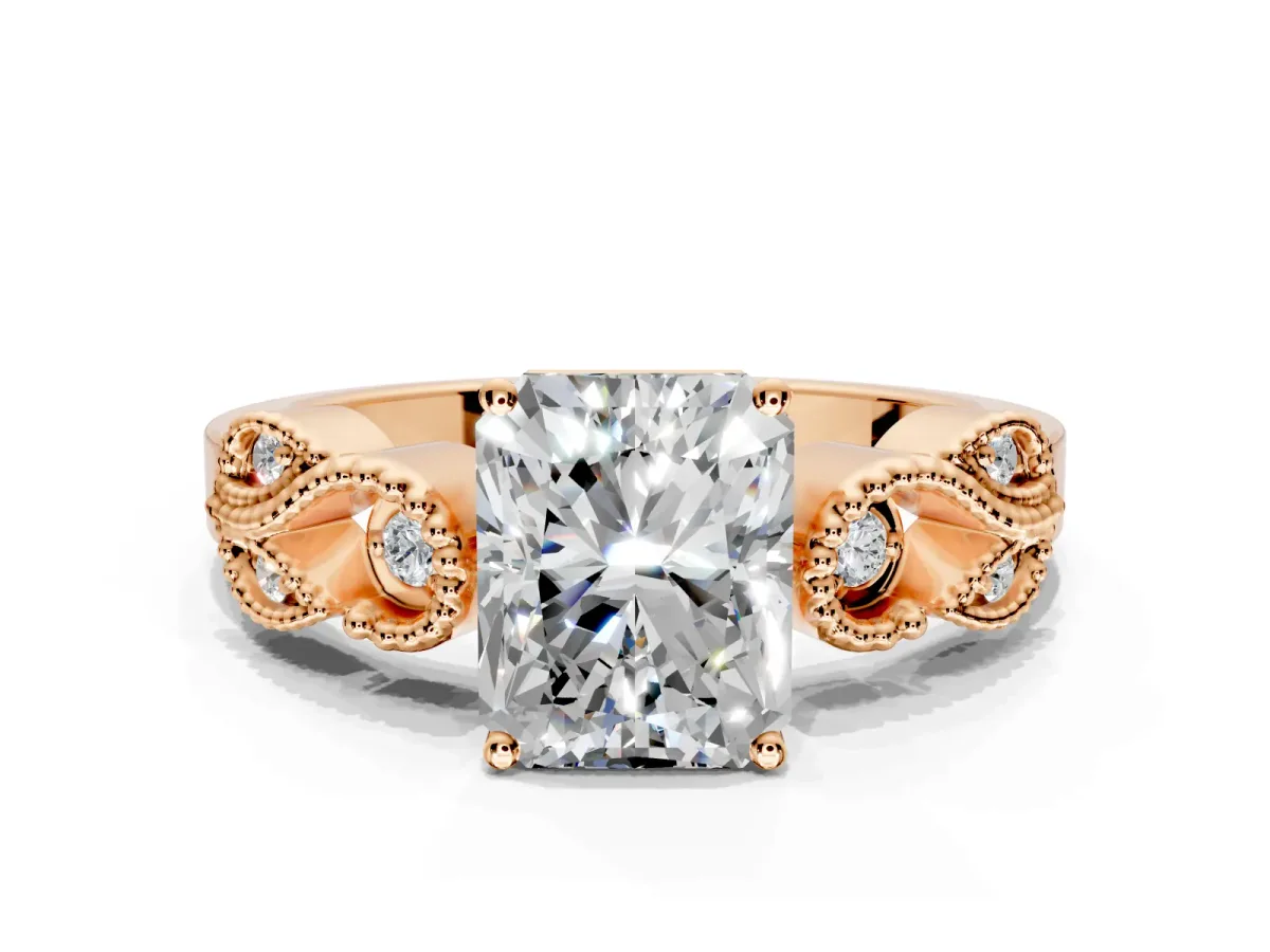 Leaf Engagement Ring Setting for Radiant Cut Center with Milgrain Accent Band and Prong Head in Rose Gold