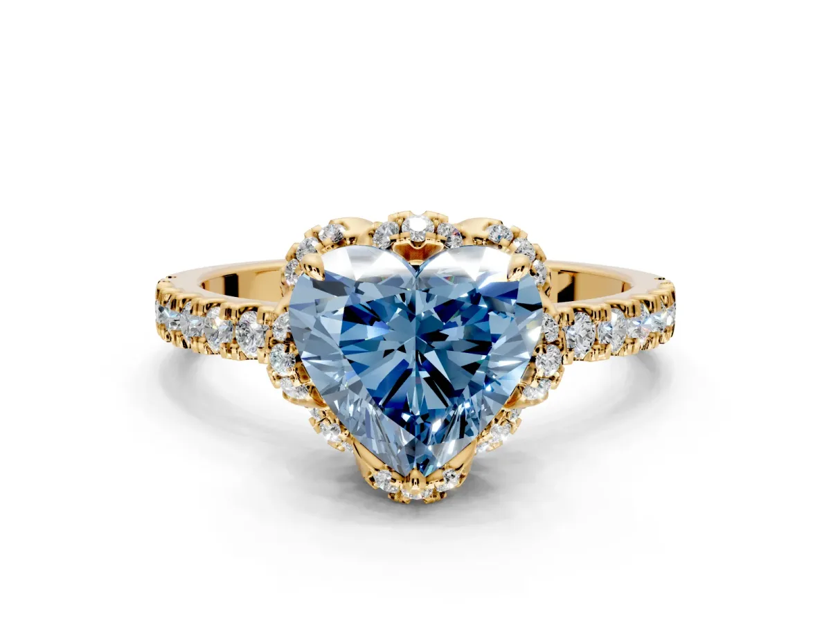 Halo Engagement Ring Setting for Fancy Blue Heart-Shaped Center with Openwork Halo, Pave Band and Prong Head in Yellow Gold