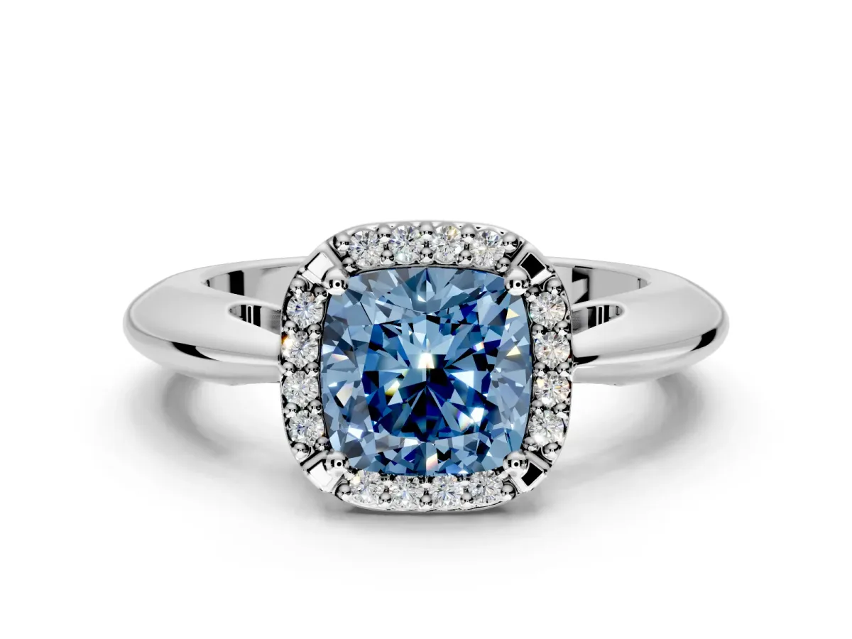 Halo Engagement Ring Setting for Fancy Blue Cushion Cut Center with Tapered Plain Band and Prong Head in Platinum