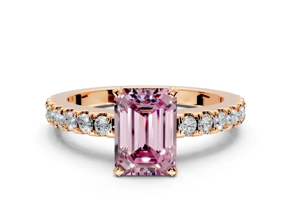 Solitaire Engagement Ring Setting for Fancy Pink Emerald Cut Center with Single Row Accent Band and Prong Head in Rose Gold