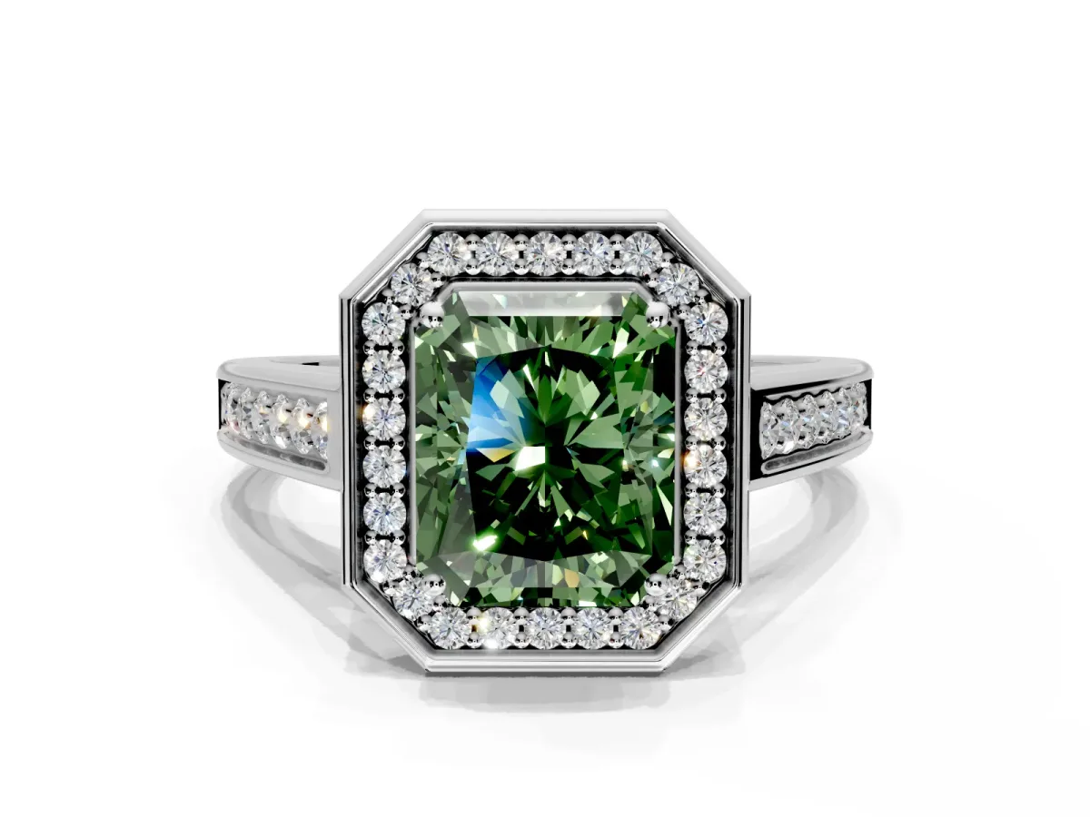 Halo Engagement Ring Setting for Fancy Green Emerald Cut Center with Outer Bezel Rim, Pave Band and Prong Head in Platinum