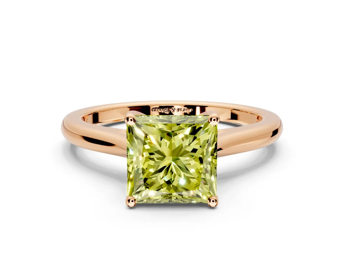 Solitaire Engagement Ring Setting for Fancy Yellow Princess Cut Center with Narrow Cathedral Band and Prong Head in Rose Gold