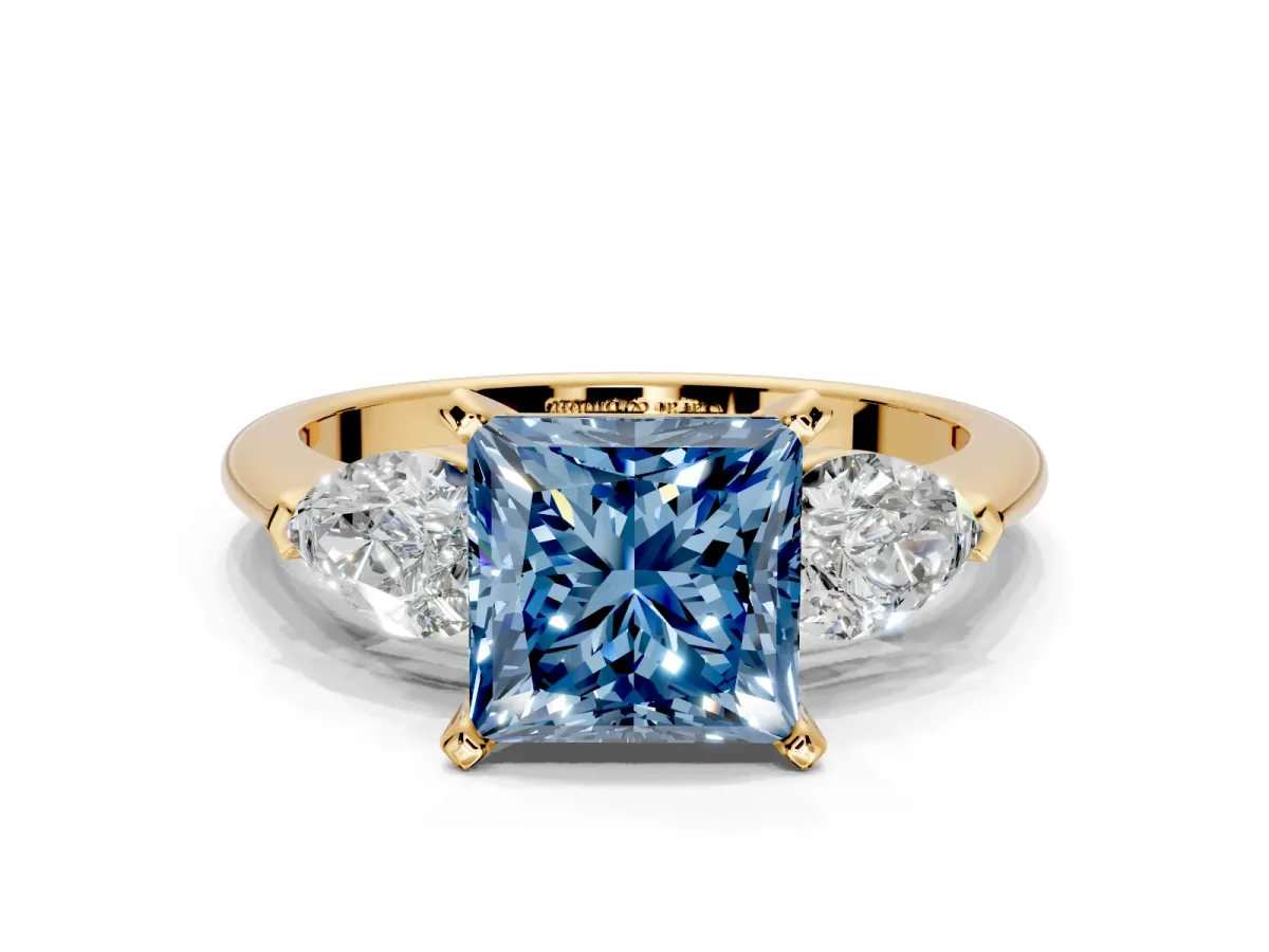 3 Stone Engagement Ring Setting for Fancy Blue Princess Cut Center with Large Pear-Shaped Accents and Prong Head in Yellow Gold