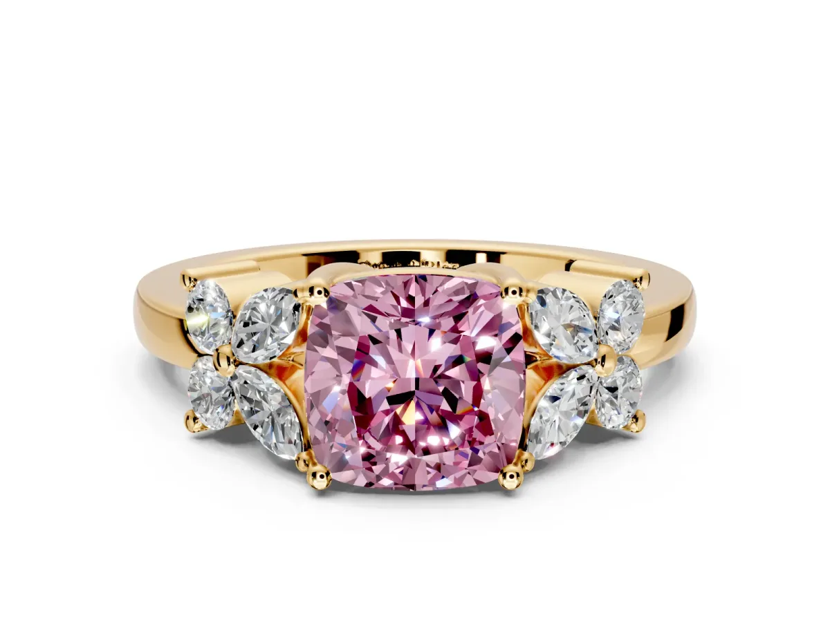 Floral Engagement Ring Setting for Fancy Pink Cushion Cut Center with Marquise Cluster Shoulders and Prong Head in Yellow Gold