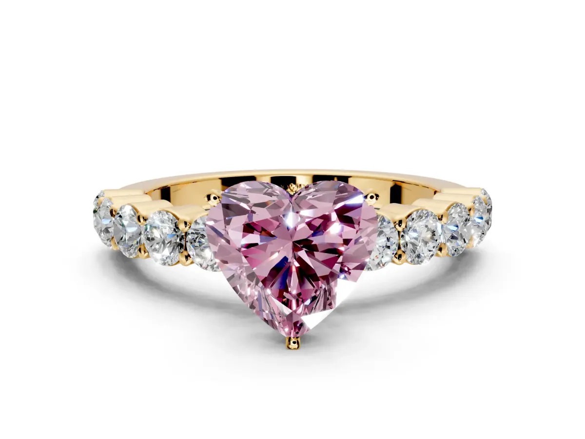Shared-Prong Engagement Ring Setting for Fancy Pink Heart-Shaped Center with Graduated Accents and Prong Head in Yellow Gold