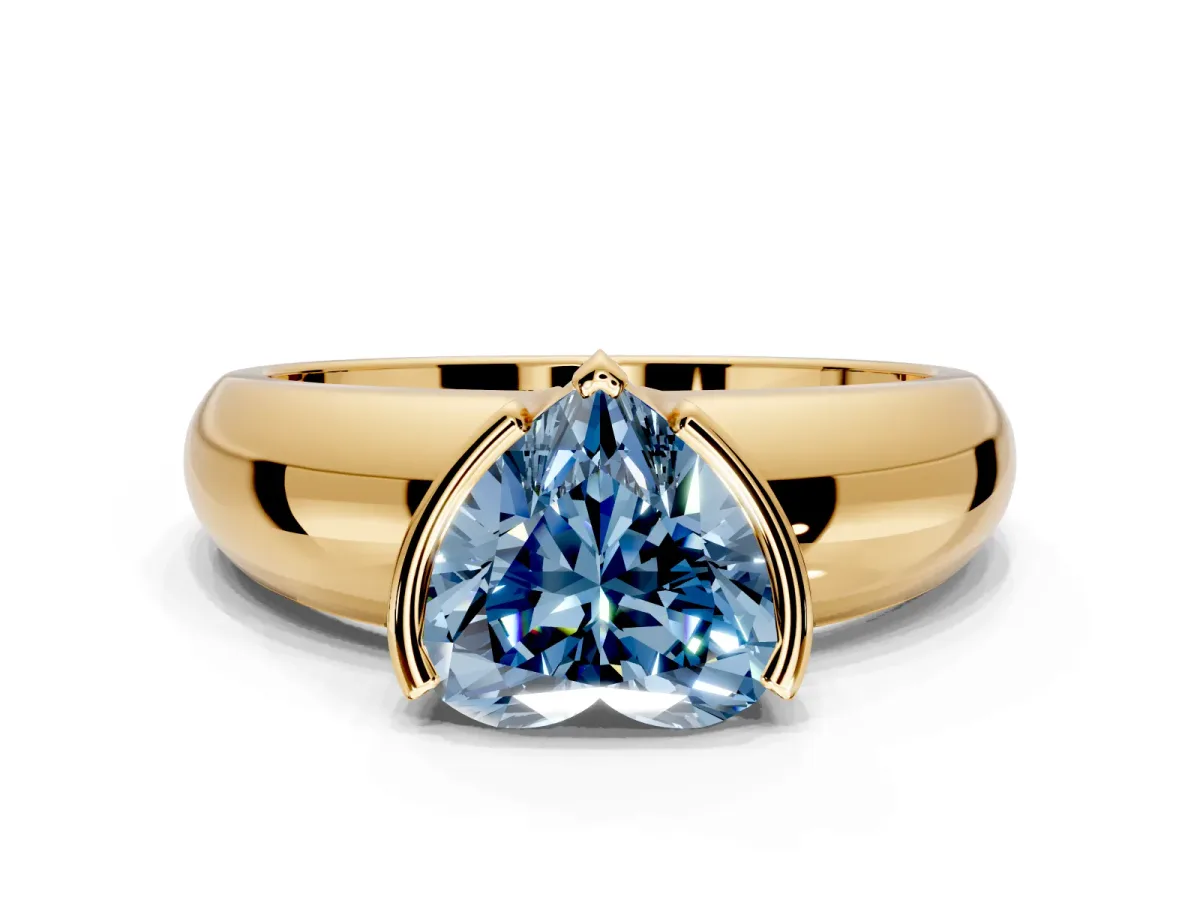 Tension Engagement Ring Setting for Fancy Blue Heart-Shaped Center with Wide Flat Band and Tension Head in Yellow Gold