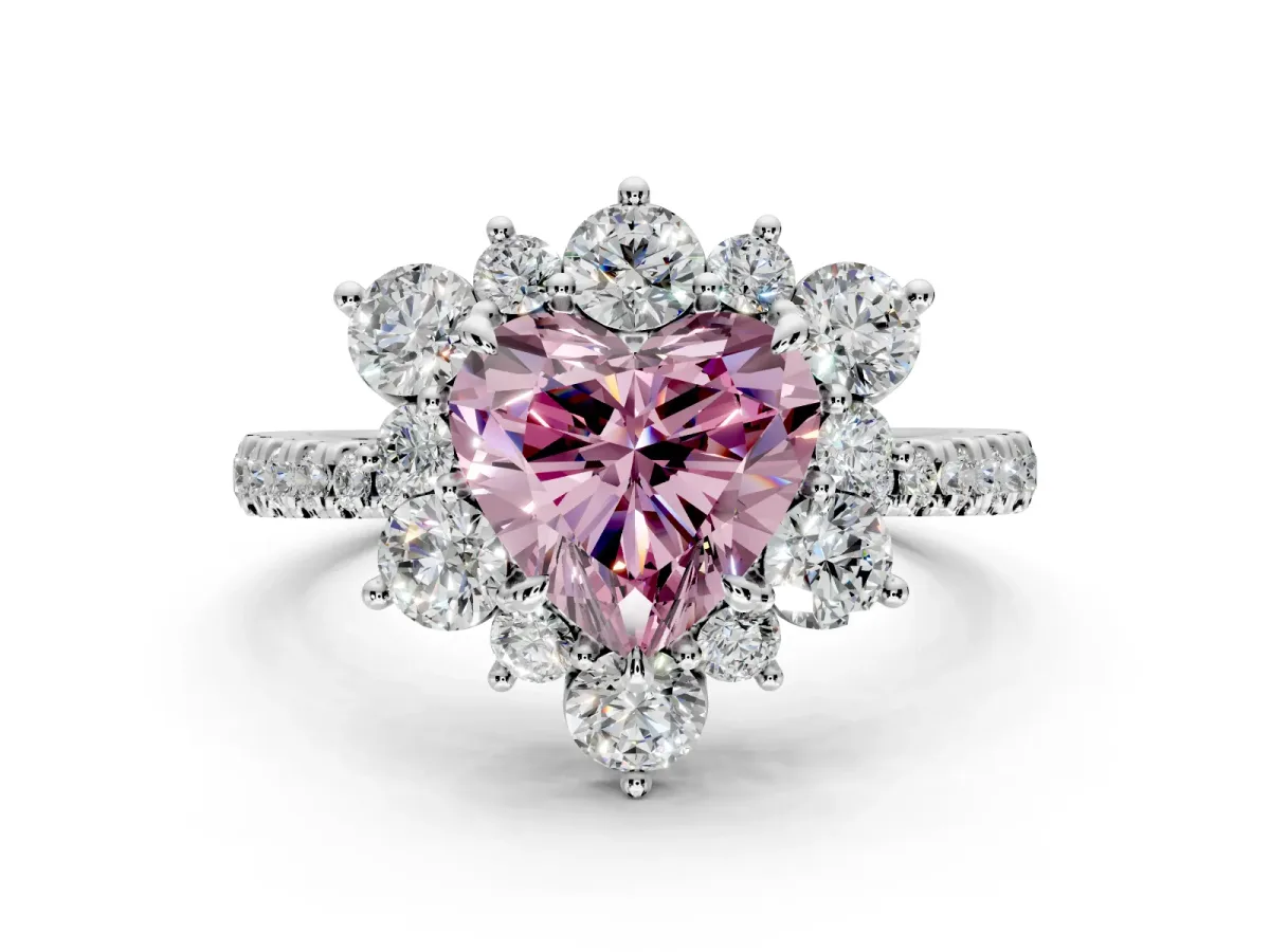 Floral Halo Engagement Ring Setting for Fancy Pink Heart-Shaped Center with Pave Accents and Prong Head in Platinum