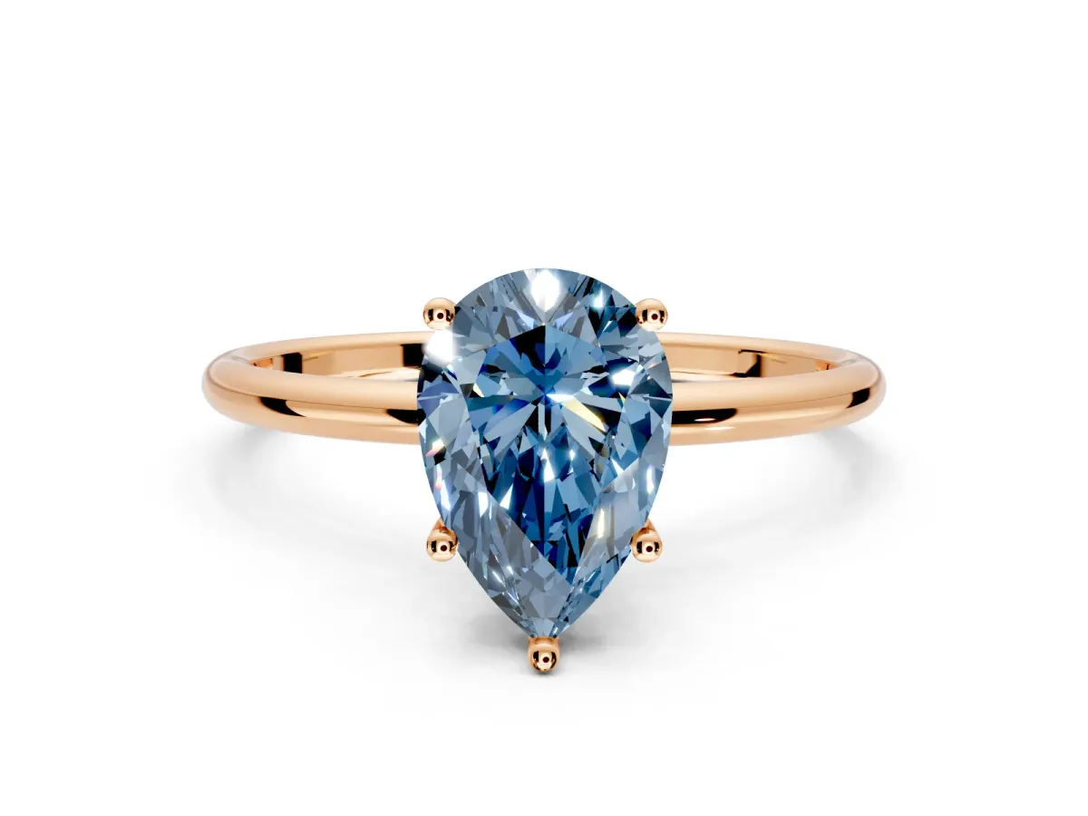 Solitaire Engagement Ring Setting for Fancy Blue Pear-Shaped Center with Straight Thin Band and Prong Head in Rose Gold